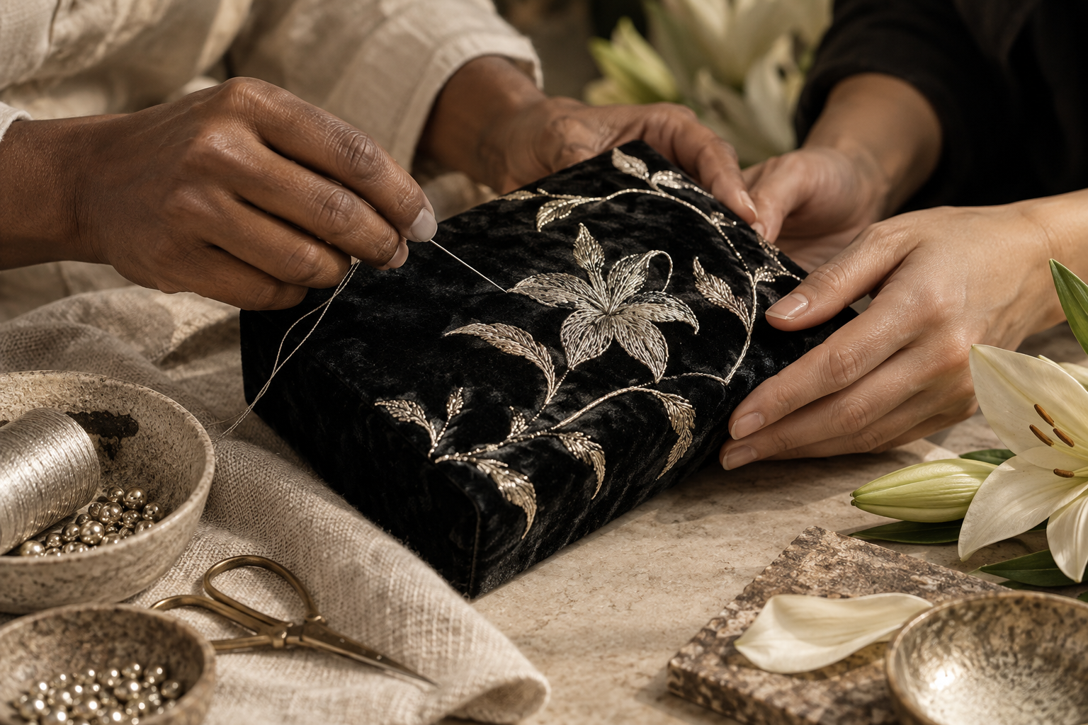 Artisan hands finishing a handcrafted luxury gift