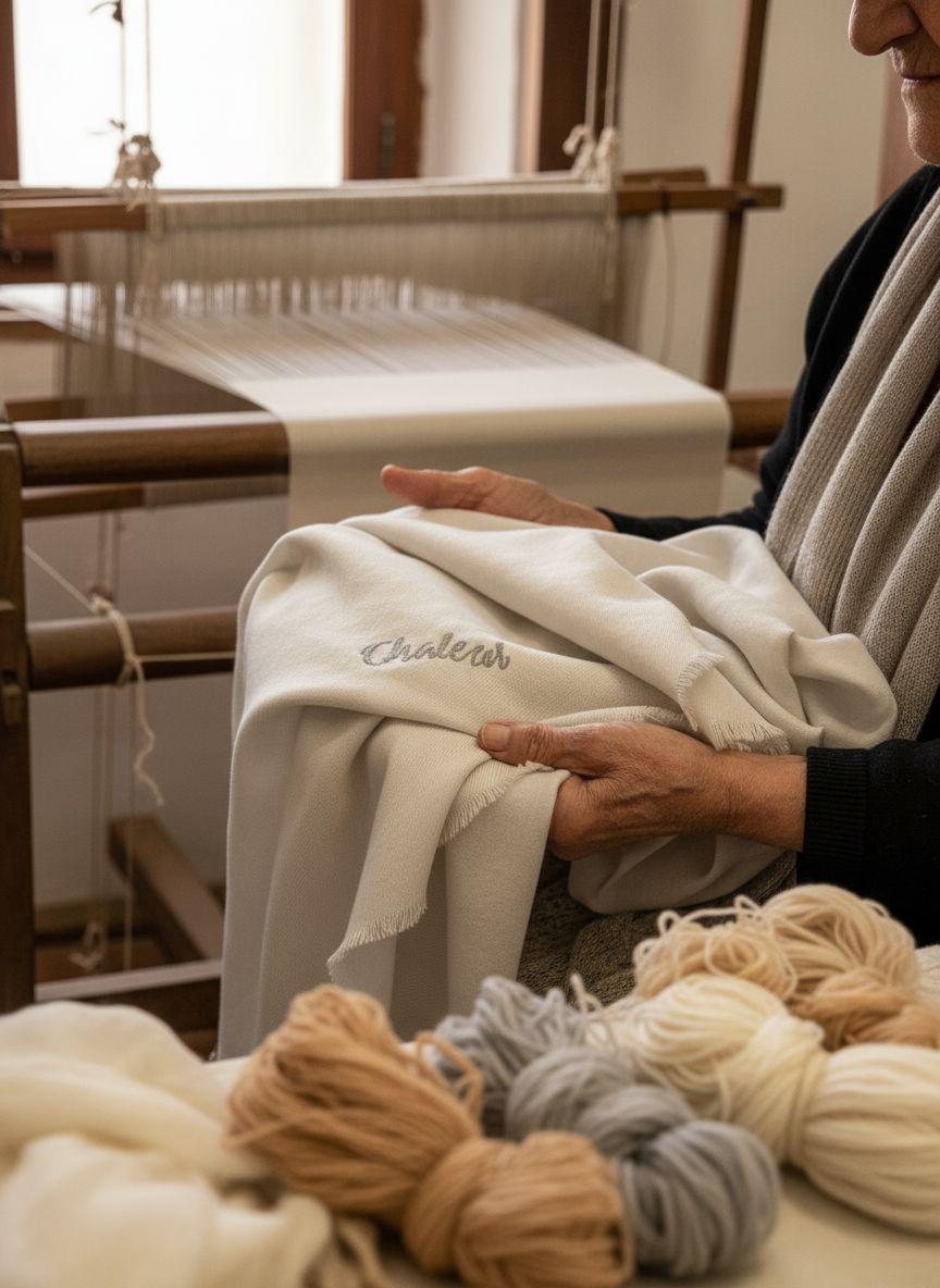 Artisan weaving Chaleur scarf at traditional loom